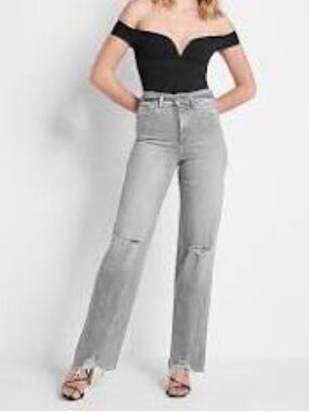 Express High-Rise Gray Distressed Straight Jeans with Belt